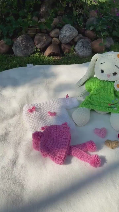 Handmade Crochet Bunny Doll: Plush Keepsake Toy with Outfit