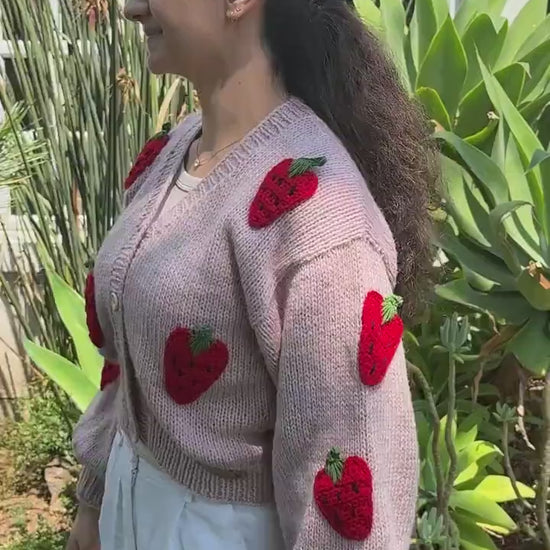 Handmade Strawberry Crochet Cardigan – Chunky Boho Knit Sweater with Cotton Appliques – Cozy Gift for Her