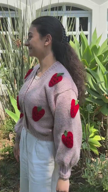 Handmade Strawberry Crochet Cardigan – Chunky Boho Knit Sweater with Cotton Appliques – Cozy Gift for Her